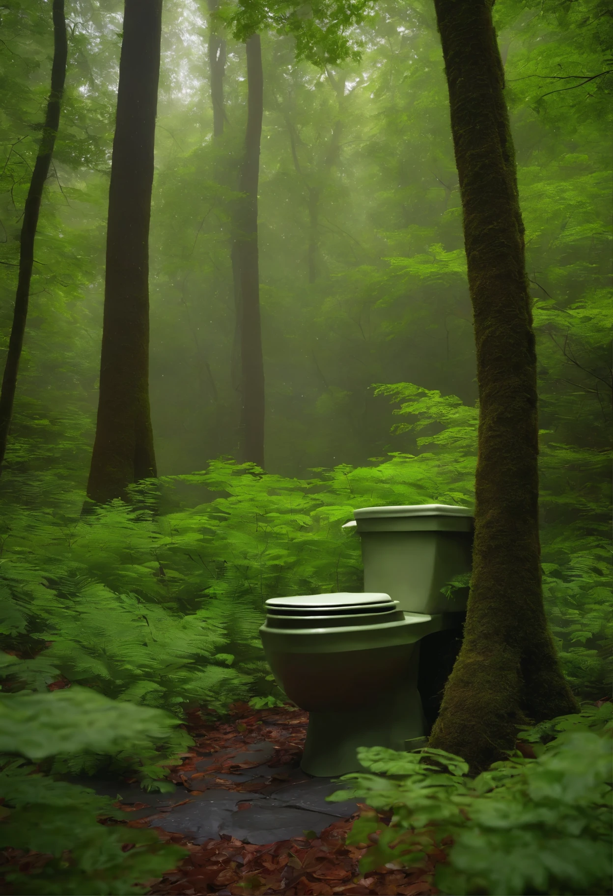 a toilet in the forest, it’s raining , looks disgusting, full of green leaves, high detail, 8k
