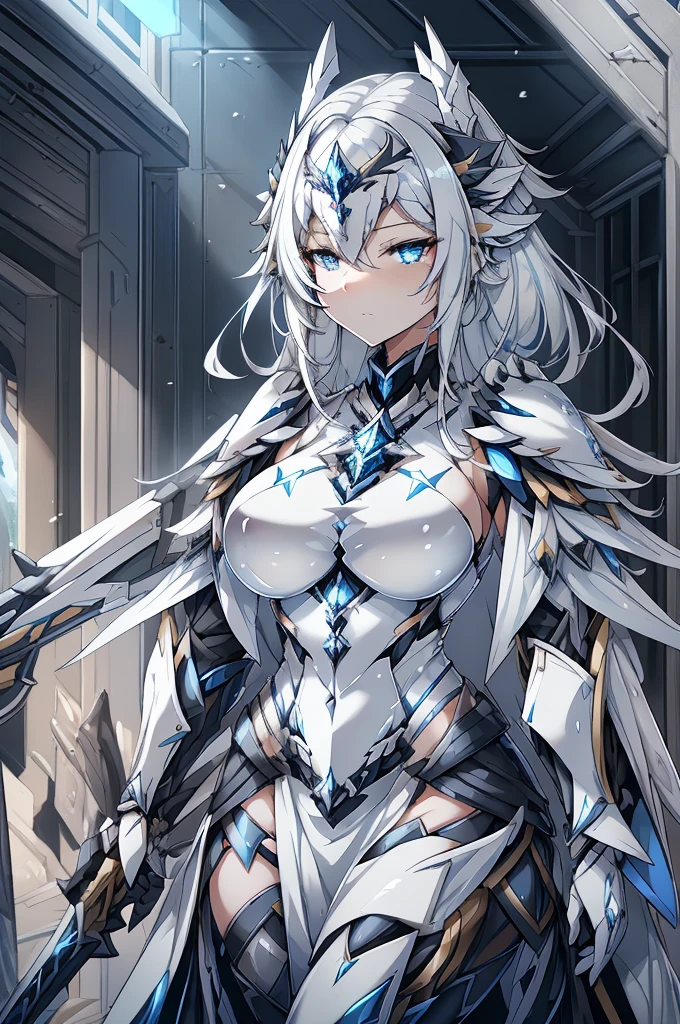 anime character with white hair and armor holding a sword, armor girl, pale black armor, gorgeous female paladin, highly detailed exquisite fanart, white haired deity, white armor, glossy white armor, of a beautiful female knight, mechanized valkyrie girl, from arknights, portrait knight female, portrait knights of zodiac girl, official character art, portrait of female paladin