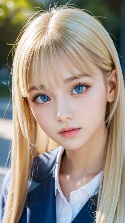 Portrait、school uniform、bright look、ponytail、Young, shiny, bright, white, glossy skin、gross face、Shining cheek gloss highlight、small face beauty、best beauty、dazzling blonde reflected light、Bright blonde hair with dazzling highlights、Very beautiful shiny bright blonde hair、super long silky straight hair、Beautiful shiny bangs between the eyes fall into the eyes、Shining, transparent, attractive, bright light blue big eyes、very big eyes、eyeliner、very beautiful lovely cute 16 year old girl、rich bust、round face