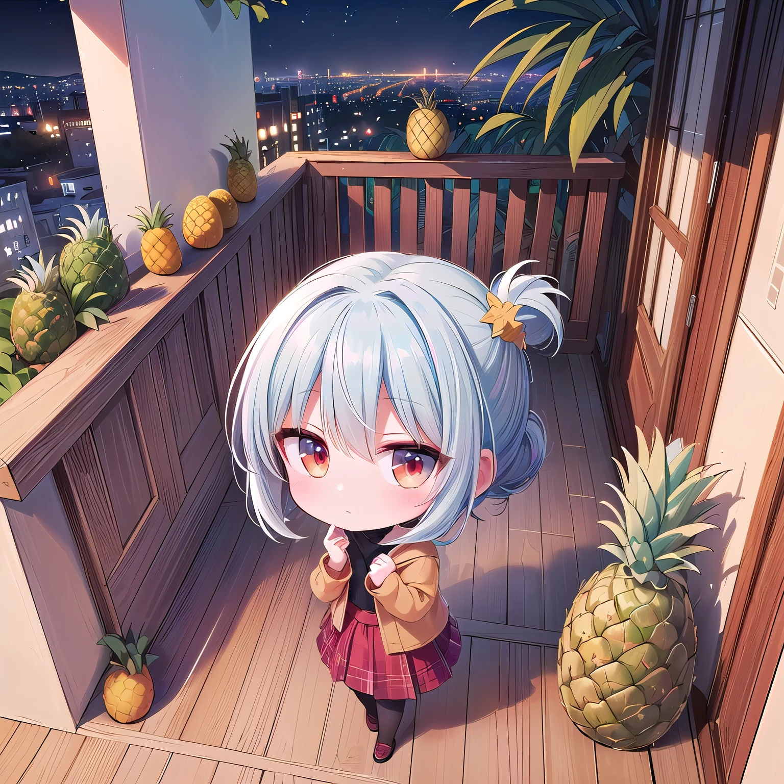 (Chibi,Pineapple, 1 girl: 1.5), (Masterpiece, almond-shaped eyes, glossy white-blue hair, short chignon hair, top quality, meticulously drawn limbs Fingertips, smooth and beautiful skin,beautiful anatomy,slim,warm clothes,warmhood,warm skirt,black tights,from above,full body: 1.4), (A tasteful painting hand-drawn with colored pencils:1.3),(red cheeks,Indifferent, expressionless,front view: 1.2), (holy,night,Hair blowing in the wind:1.3),(stone balcony,sit,Foliage plant,Rest on your chin and look at the night view,pineapple building,wood chair:1.3)