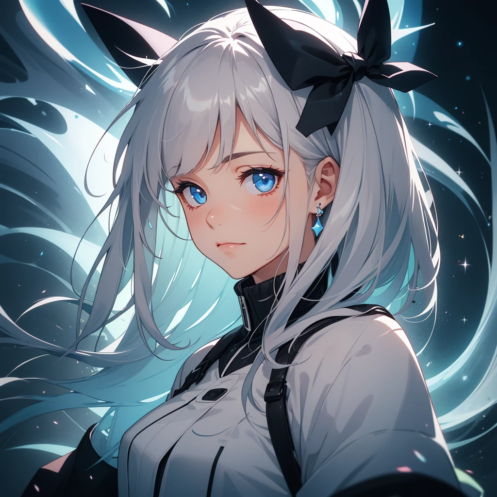 masterpiece, high quality, High resolution, disorganized, ((1 girl)), long hair, gray hair, (((closed mouth))), (creepy themed), shine, shineing, jewelry, blue theme, blue highlights, Chistyle, style, Chi, detailChi, sparkling, retro artstyle,