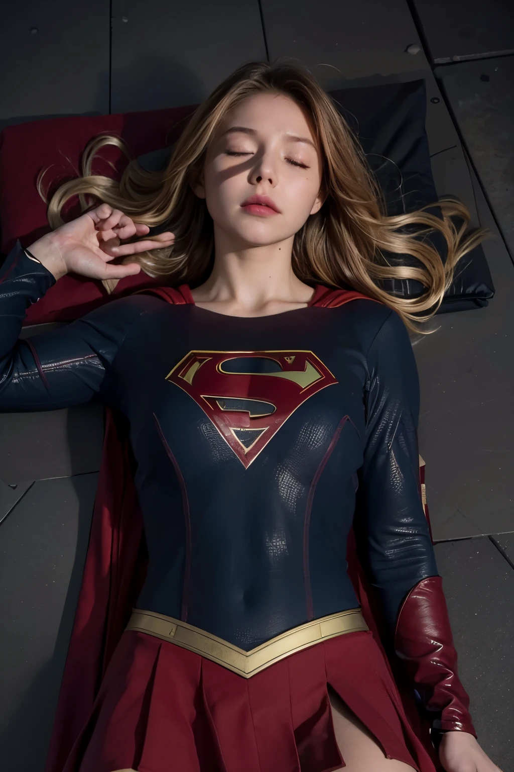 8k, best quality, real picture, intricate details, ultra-detailed, ultra highres, depth field,(photorealistic,realistic:1.2), masterpiece, photo of 1girl, Supergirl, superhero, arms on hips, realistic, red cape, bodysuit, red skirt, red boots, pantyhose, blonde hair, lips, long hair, solo, ruined city background, Nikon d850, film stock, photograph 4 kodak Portra 400 camera f1.6 lens, rich colors, hyper realistic, lifelike texture, dramatic lighting, unreal engine, trending on artstation, cinestill 800,  (lying on back:1.9), (close eyes:1.6), (unconsciousness:1.9), (painful), (defeated from fighting),