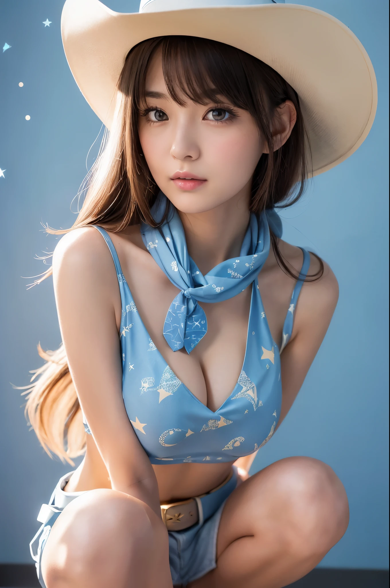 (1 woman、Japanese、20-year-old、Refreshing、clear、seems kind、stylish、attractive narrow eyes、Pitiful、天使のようにcute、cute、black eyes、Idol,actress,big breasts）,(big :1.4).(very cute)、,(highlight on eyes:1.4),(broun hair),enchanting eyes、(8K、Live shooting、highest quality、masterpiece:1.2、optimal lighting)、(medium long hair, blunt bangs),masterpiece,(Photo taken by a professional photographer),(real、フォトreal:1.4),break,{BREAK (light-blue theme:1.4), (sexy cowgirl costume:1.2), (sleeveless (light-blue crop top) with (many small star-symbol print):1.4), (plunking neckline:1.4), ((bare shoulders, bare arms):1.3), ((collarbone, emphasize cleavage):1.3), (light-blue leather micro shorts with (many small star-symbol pattern):1.4), (light-blue Scarf:1.4), BREAK (white theme:1.3), (white ten gallon hat:1.4), (white (cowboy boots, western boots):1.2), (white belt:1.4), (wristband:1.2), BREAK (yellow theme:1.3), (yellow star-symbol print:1.4), (yellow star pattern:1.3),}, , (portrait),,,close up of face,cleavage,dynamic angle,squatting