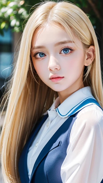 Portrait、school uniform、bright look、ponytail、Young, shiny, bright, white, glossy skin、gross face、Shining cheek gloss highlight、small face beauty、best beauty、dazzling blonde reflected light、Bright blonde hair with dazzling highlights、Very beautiful shiny bright blonde hair、super long silky straight hair、Beautiful shiny bangs between the eyes fall into the eyes、Shining, transparent, attractive, bright light blue big eyes、very big eyes、eyeliner、very beautiful lovely cute 16 year old girl、rich bust、round face