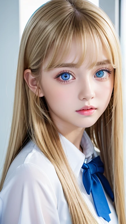 Portrait、school uniform、bright look、ponytail、Young, shiny, bright, white, glossy skin、gross face、Shining cheek gloss highlight、small face beauty、best beauty、dazzling blonde reflected light、Bright blonde hair with dazzling highlights、Very beautiful shiny bright blonde hair、super long silky straight hair、Beautiful shiny bangs between the eyes fall into the eyes、Shining, transparent, attractive, bright light blue big eyes、very big eyes、eyeliner、very beautiful lovely cute 16 year old girl、rich bust、round face