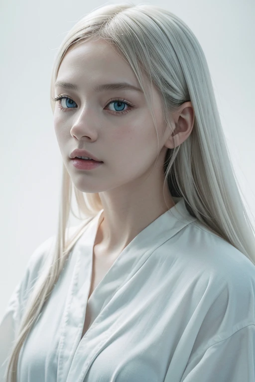 1 beautiful albino woman, top quality picture, White hair, blue eyes, albino female, 18 years old, Japanese. perfect symmetry, vibrant and clear, high level of detail and definition, 1200 PPI – Photographic resolution with greater central realism, Hyper-realistic, cinematic high-fidelity 16K UHD image resolution.