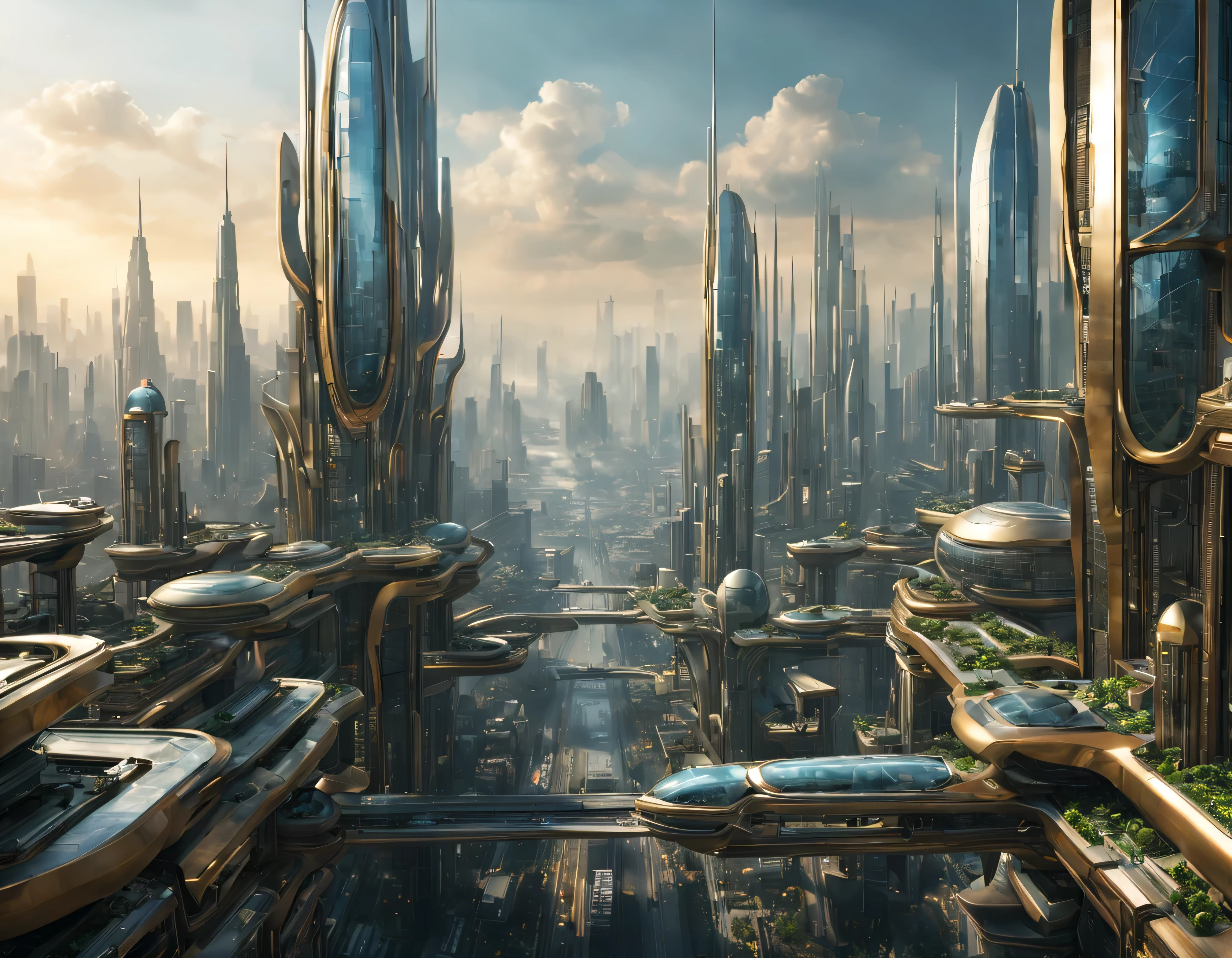 the city of megacity futuristic science fiction city as it would be in the year 3029, vista desde una terraza , with high-tech design , edificios de metal y cristal, autopistas cruzandolos, de una inmensidad impresionante, con el empleo de oro , plata y bronce en su construccion, realmente impresionante a la vista, imagen bien definida, fondo nitido bien defifido, con muchos edificios juntos. imagen nitida bien definida 8k. los edificios llegan alta el fondo.,8k. imagen cinematografica, renderizado 3d, ((obra maestra de superior calidad)).
