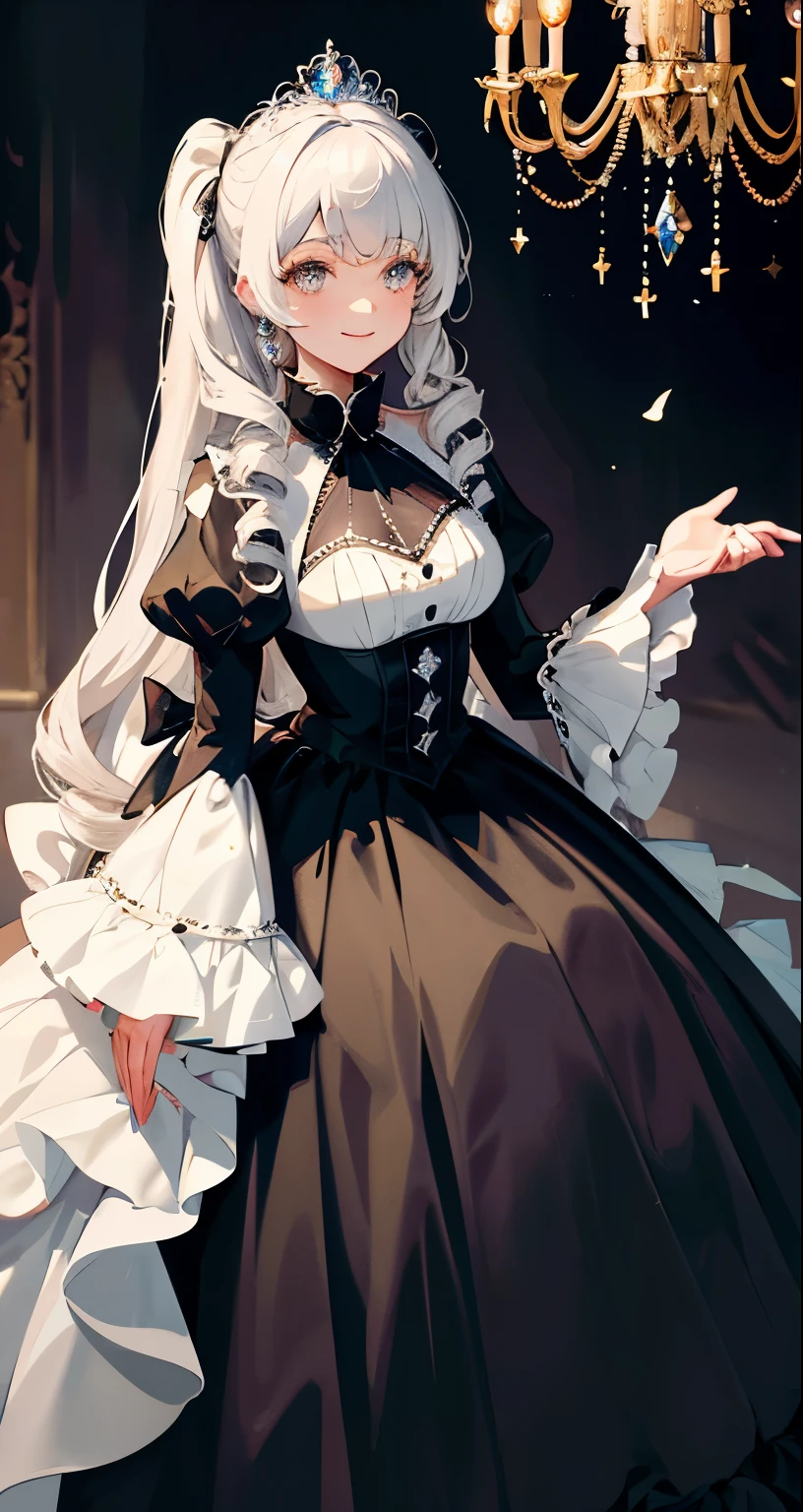 Dramatic composition, court-style dresses, royal, gorgeous, cascading frills, ruffles, bows, crystal chandeliers, Roman curly hairstyles, ponet, double ponytails like drills, look at the camera, bangs, maximalism, palatial background, delicate portrayal of hair and eyes, princess dresses, gorgeous skirts, flowers in hand, smiles, starry eyes, cinematic light, extreme detail, high definition, happy girl, very long hair, diamonds, broken diamonds, crystal fragments, light particles