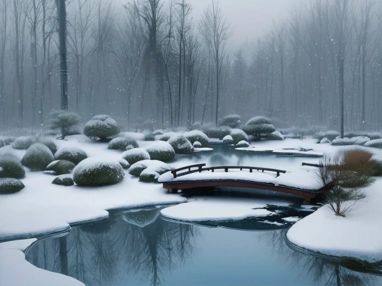 Best picture quality, beautiful Japanese garden, winter scenery, watercolor painting, snow covered trees, frozen pond, reflective surface, sublime beauty, subdued tones.