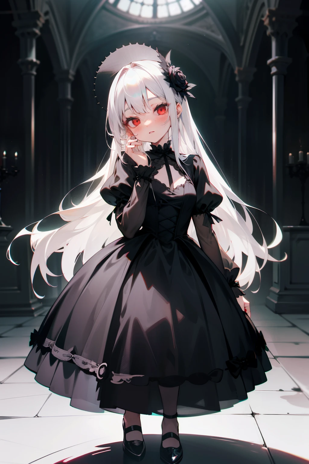 Gothic aura，But cute perfect figure and big glass on the face blushing white hair,More detailed face, Perfect hand,bare-legged， See-through dresses， 废墟， the night， rosette， Outdated interior， Long gray hair， red eyes