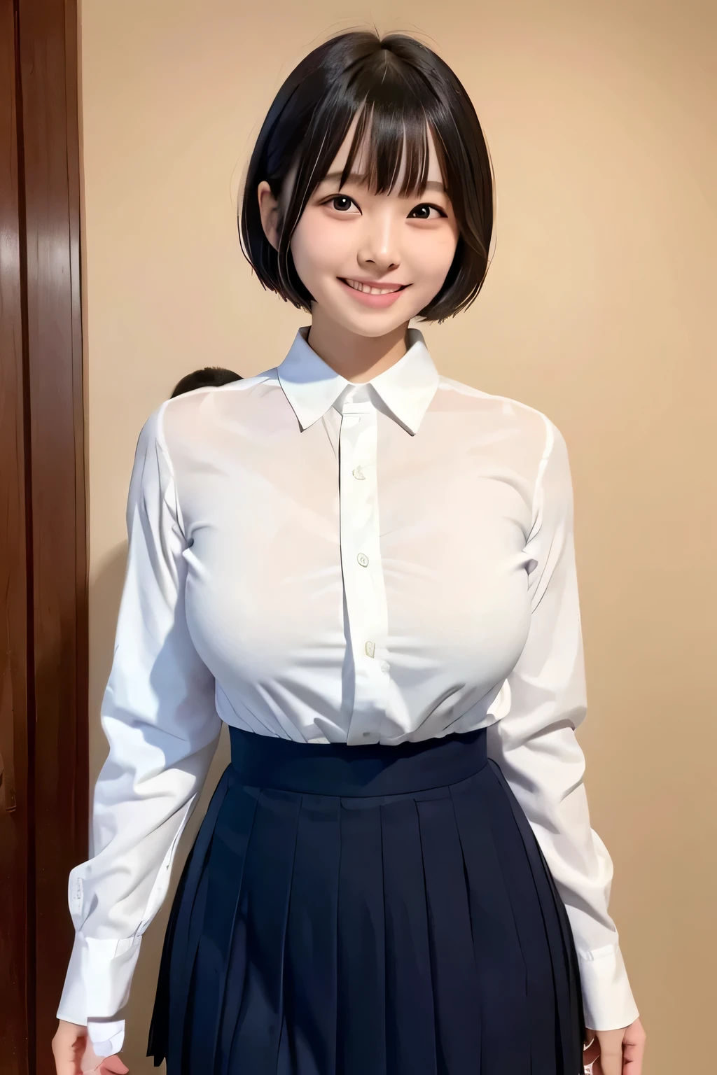 (narrow eyes:1.1), frontal shot , From the middle , (black eye), (japanese woman), 1 girl, (small eyes), very beautiful  girl, beautiful breasts:1.5, short hair, (highly detailed eyes:1.2), (beautiful breasts:1.1), bangs, (thick legs, huge hips, thick thighs), perfect skin, Fair skin, tight waist, light blush, alone, looking at the viewer, (laughter:1.3), (smile:1.3), (white shirt, crew , dark blue pleated skirt:1.2)