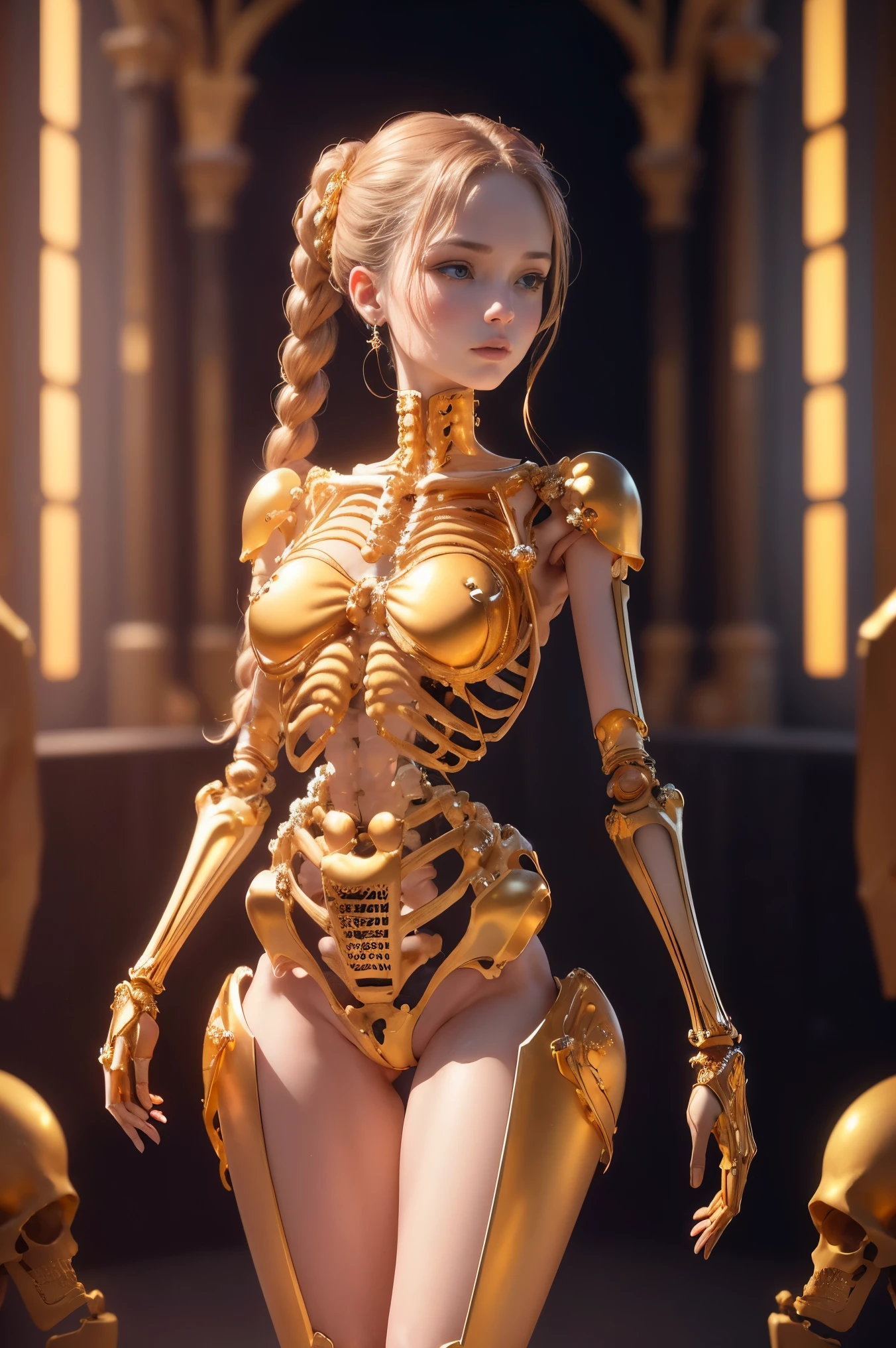 (Highest Quality: 1.4), (Super Detailed), (Very Delicate and Beautiful), One Girl, Complex 3D Rendering, Highly Detailed Beautiful Woman, Biomechanical Cyborg, Beautiful Natural Shapes, Arteries, Veins , lace, colorful details, soft costume, diamond earrings, earrings, very delicate embroidery, intricate details, golden metal body, skeleton, ultra-transparent skin, golden metal organs, surreal, Super detailed, cyborg girl, realistic, red and blue, (detailed golden skeleton, hollow body interior, skeleton made of golden metal, half human, translucent human, made with delicate braids, The inside of the body is an incredibly complex structure made up of countless IC chips: 1.6), iridescent, futuristic, super complex, super beautiful, highly detailed CG unified 8K wallpaper, high resolution raw color photo, professional photo, cyberspace, Spiral structure, future urban space, iridescent illumination,