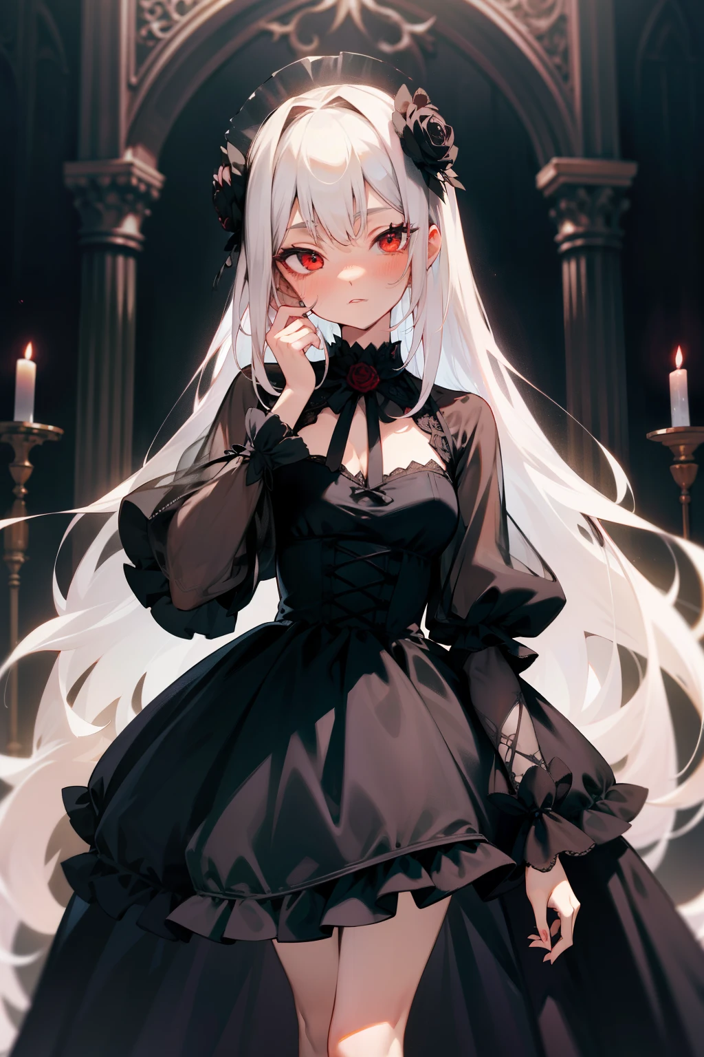 Gothic aura，But cute perfect figure and big glass on the face blushing white hair,More detailed face, Perfect hand,bare-legged， See-through dresses， 废墟， the night， rosette， Outdated interior， Long gray hair， red eyes