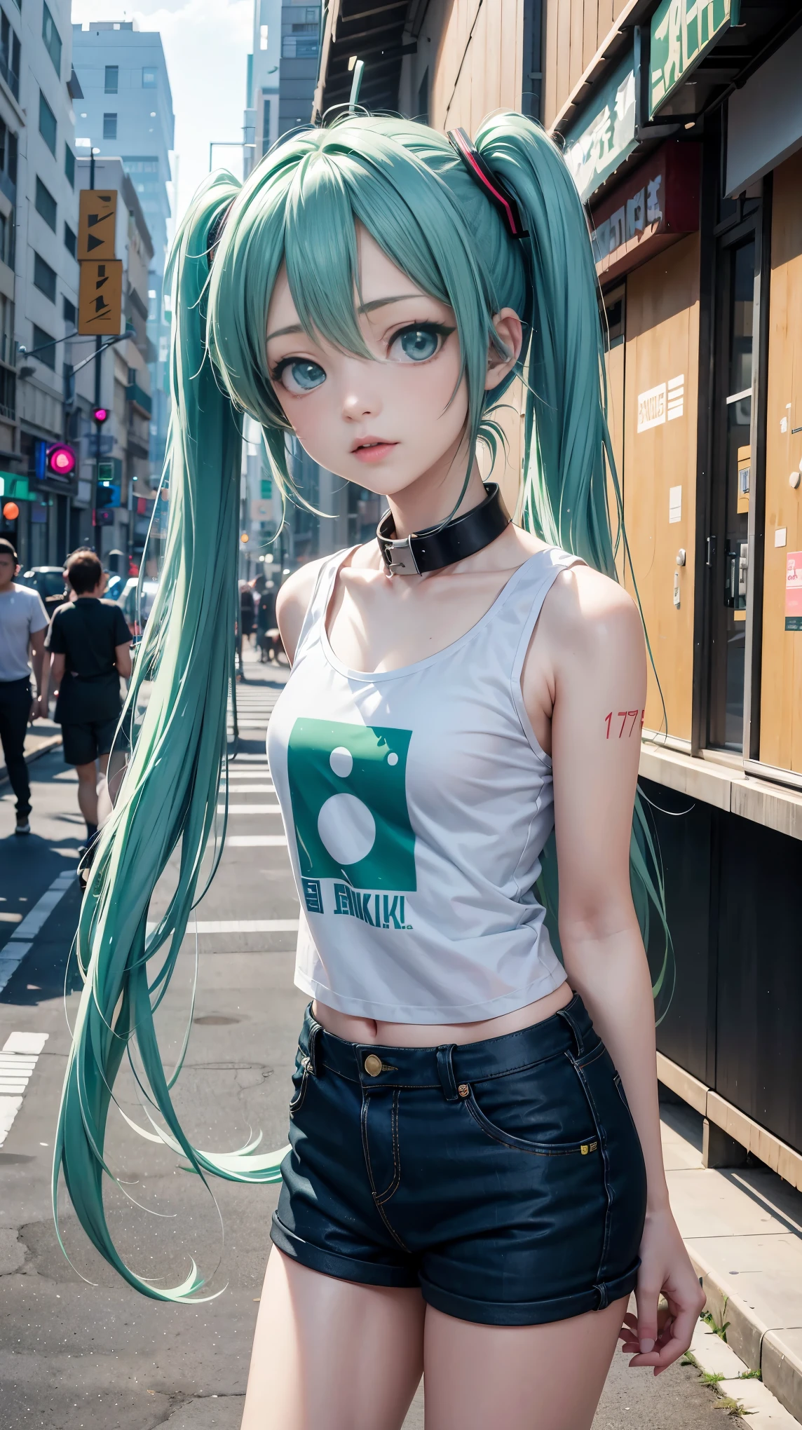 17 years old, Hatsune Miku, city, green hair, green eyes, vocaloid, girl in need, collar, white shirt, t-shirt, blue short, sleeveless, looking at viewer, standing