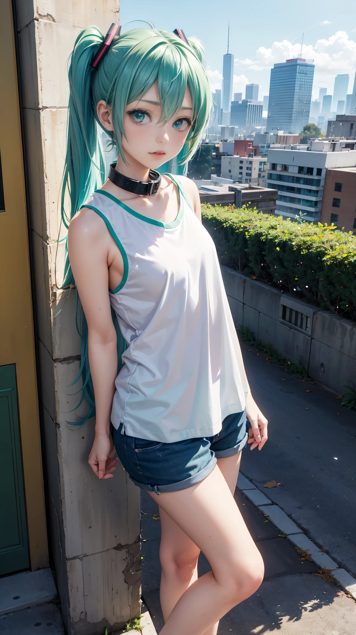 , Hatsune Miku, city, green hair, green eyes, vocaloid, girl in need, collar, white shirt, t-shirt, blue short, sleeveless, looking at viewer, standing