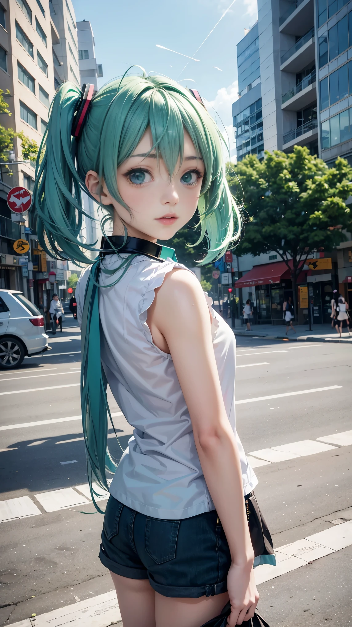 17 years old, Hatsune Miku, city, green hair, green eyes, vocaloid, girl in need, collar, white shirt, t-shirt, blue short, sleeveless, looking at viewer, standing