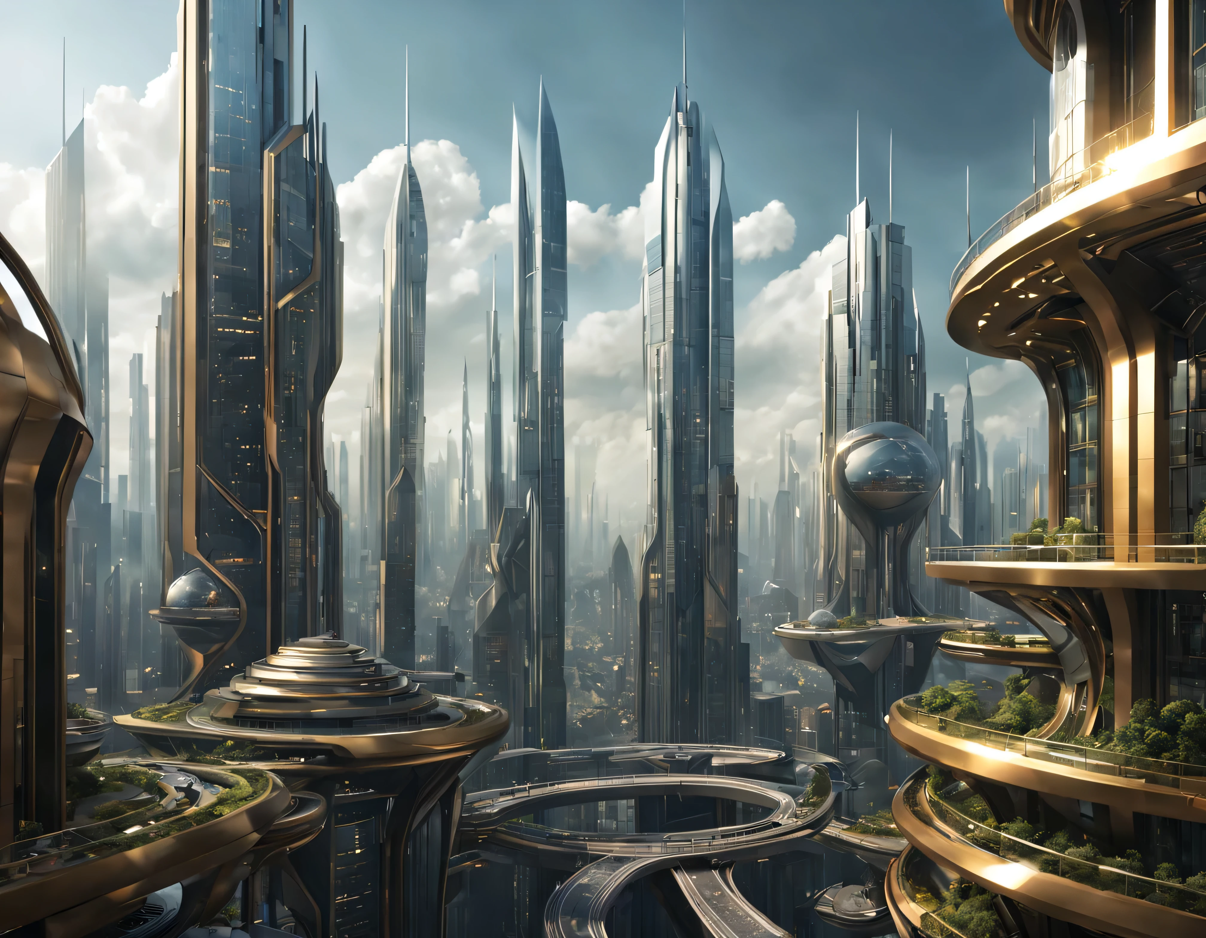 the city of megacity futuristic science fiction city as it would be in the year 3029, vista desde una terraza , with high-tech design , edificios de metal y cristal, autopistas cruzandolos, de una inmensidad impresionante, con el empleo de oro , plata y bronce en su construccion, realmente impresionante a la vista, imagen bien definida, fondo nitido bien defifido, con muchos edificios juntos. imagen nitida bien definida 8k. los edificios llegan alta el fondo.,8k. imagen cinematografica, renderizado 3d, ((obra maestra de superior calidad)).