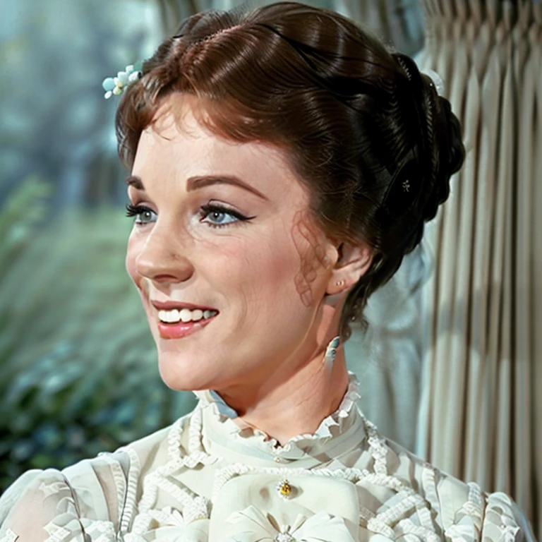 Julie Andrews, the beloved actress and singer, radiates timeless grace and elegance in this image. She is captured in a candid moment, perhaps during a performance or on a film set. Her radiant smile lights up the frame, showcasing her infectious joy and charisma. Andrews is dressed in a stunning gown that accentuates her classic beauty, and her hair is styled in a sophisticated yet natural manner. The composition highlights her expressive eyes and captivating presence, drawing viewers into her world of talent and charm.