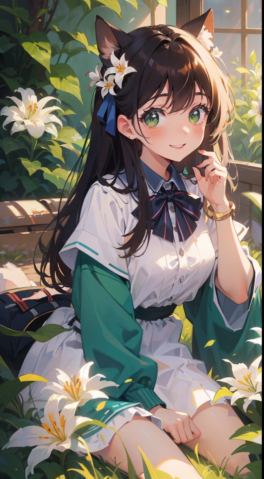 (masterpiece), (best quality), ultra high res, sharp focus, ((1 woman, solo)), (in the meadow of lily flowers), surround by butterflies, (at the night:1.2), full body, medium long shot, MLS, beautiful detailed hair, chestnut brown hair, long hair tumbles down, beautiful detailed face, ((beautiful shape eyes, green eyes)), perfect feminine face, look at the viewer, comfortable face, smiles, blushing, sitting on the ground, feminine light outfit --style raw