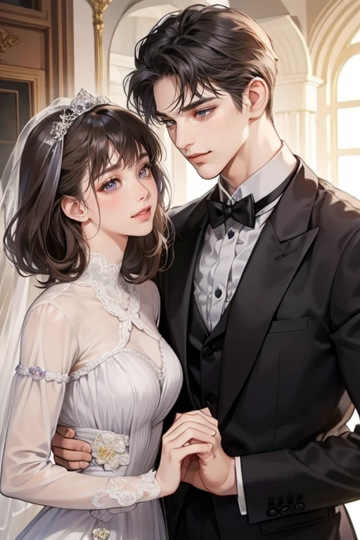 happy couple, 1 Male 1 Female, Different hair colors, Very detailed face, The bangs are long and completely black. twisted strands and purple eyes, A man with short dark brown hair and dark gray eyes., Face to face, 25 years old, victorian era, (ผู้หญิงสวมชุดmarryและถือดอกไม้), (Man wearing a suit and smiling), The light is dim., The boy is taller., (marry), (dark purple eyed woman), (dark gray eyed man), ((พื้นหลังmarryโทนสีม่วง))