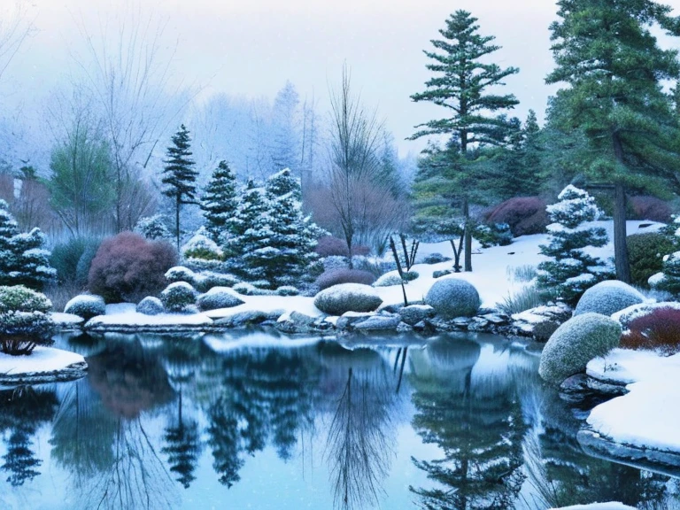 Best picture quality, beautiful Japanese garden, winter scenery, watercolor painting, snow covered trees, frozen pond, reflective surface, sublime beauty, subdued tones.