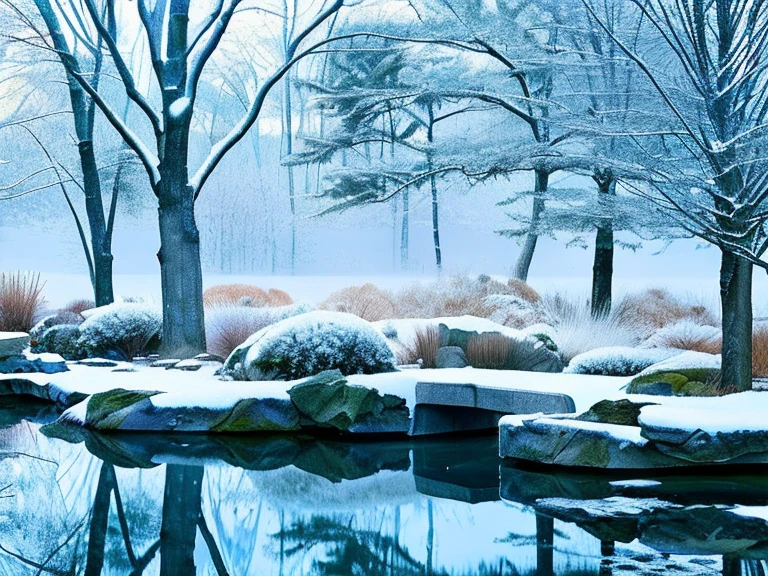Best picture quality, beautiful Japanese garden, winter scenery, watercolor painting, snow covered trees, frozen pond, reflective surface, sublime beauty, subdued tones.