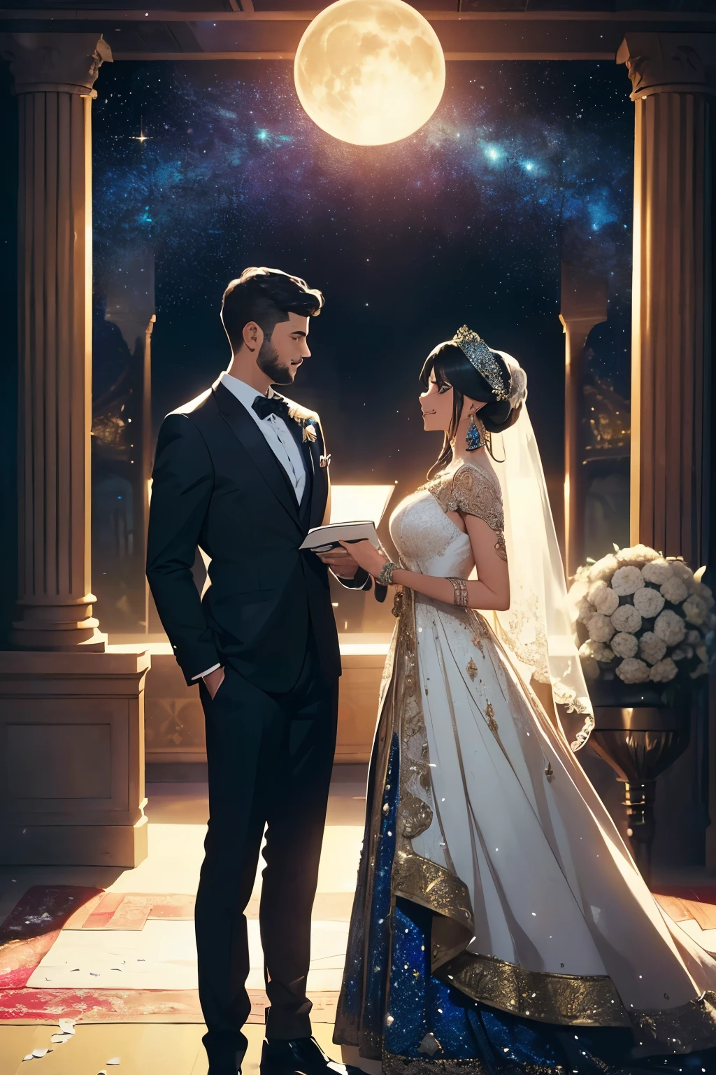 (A modern, stylish wedding scene set against the backdrop of the universe, featuring a nice couple in love, exchanging vows as the sun sets over the blue earth and the moon hangs high in the sky. The couple, with their real, beautifully detailed faces and attire, are dressed elegantly for the occasion, adorned with intricate wedding attire and accessories. The scene is filled with a bustling crowd of guests, all gathered to witness the magical moment, creating a sense of excitement and joy. The outer space setting is brought to life with intricately detailed, ultra-realistic stars and planets, swirling nebulas, and bold, vibrant colors, adding a sense of wonder and adventure
