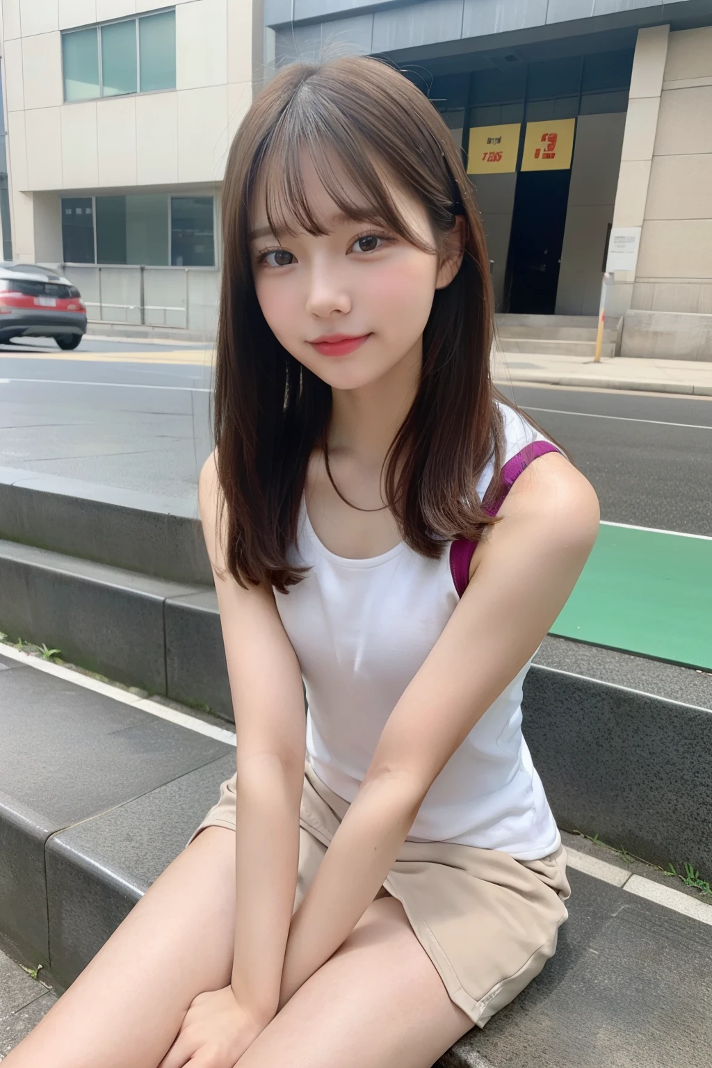 1 girl、Athletics、Sit on the school steps、spread legs、（open the thighs）、own hugging feet, small breasts、（small breasts）、 (best quality: 1.1)、(highly detailed skin), (ultra high resolution:1.0) ,(realistic photo:1.0), (Super detailed:1.0), (8K, Raw photo:1.1)