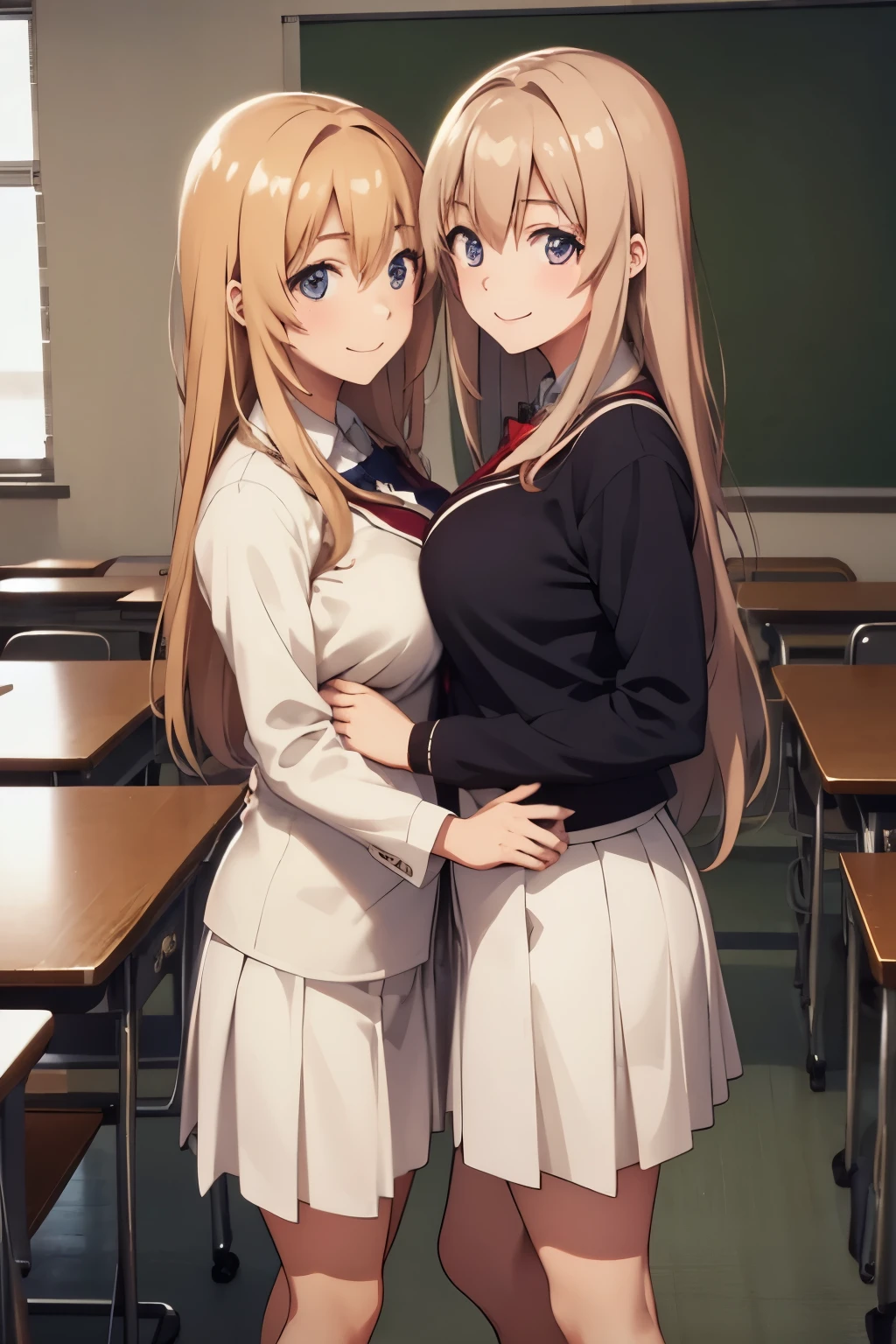 Full body, Japanese high school student, two lesbian couples, a girl with wavy hair and a girl with straight hair, cute, big eyes, small nose, big breasts, slender, shirt, classroom, cuddling, smiling,