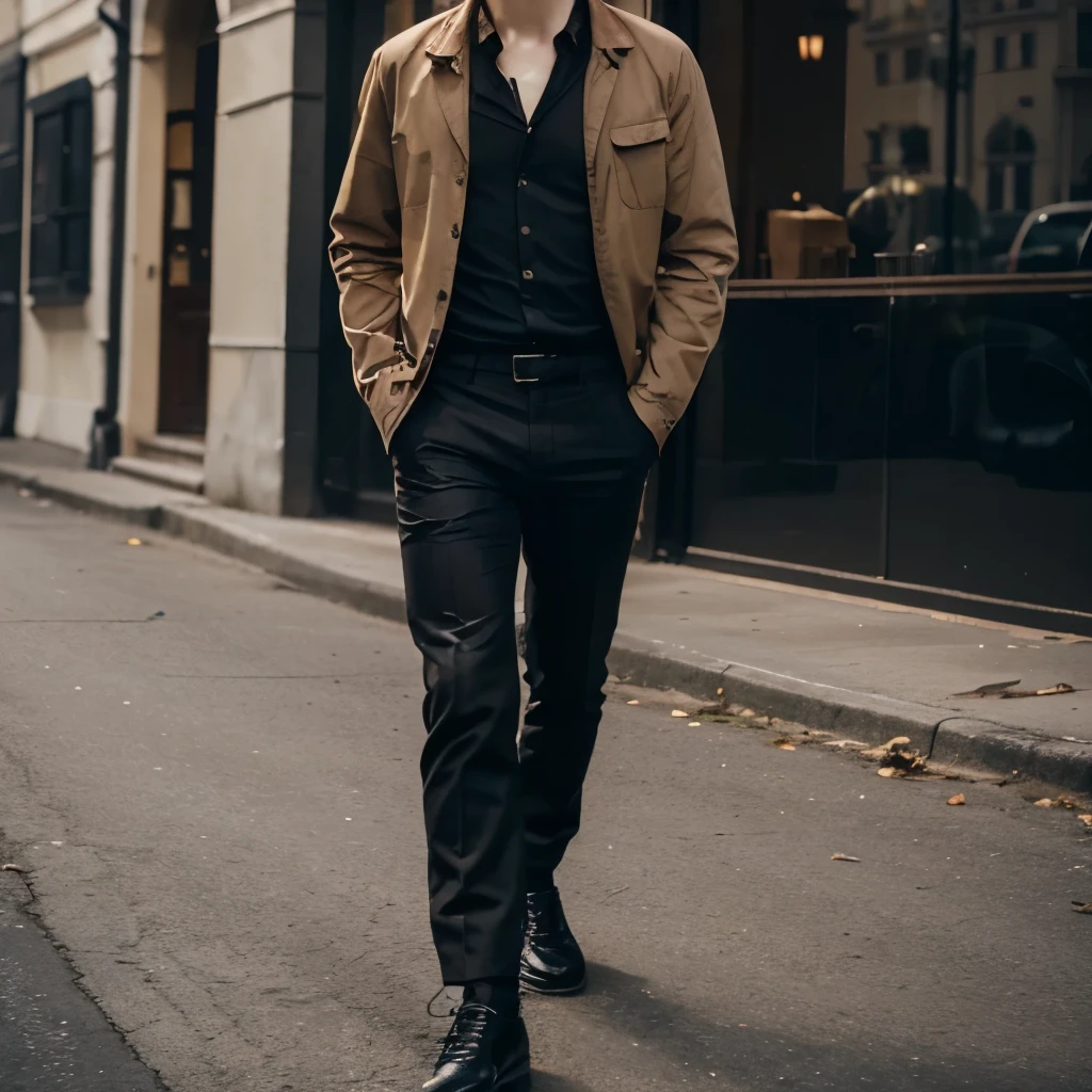 a young russian man wearing a brown button down shirt with gloves black pants and black shoes with blonde hair thats in a pony tail