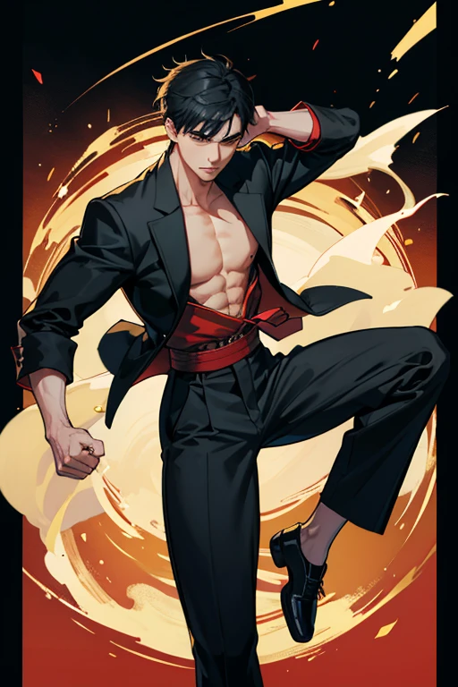 20th generation men,muscular,black hair,martial arts,Kung Fu Jacket,Kung Fu Pants,mafia,black clothing