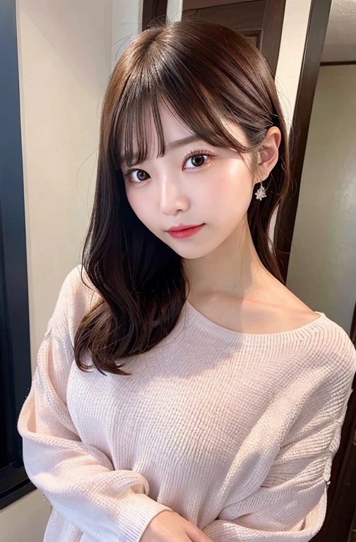 A beautiful woman with a gentle and charming Japanese spirit, half body photo, delicate and sexy clavicle, Attractive plump face, double eyelid, smart droopy eyes, pink lips, small upturned nose, small breasts, bare shoulders, concentrated face, close up of face, ultra high resolution, Highly detailed and elegant applique cotton jersey sweatshirt made of cotton jersey。, Features a relaxed and relaxed silhouette.