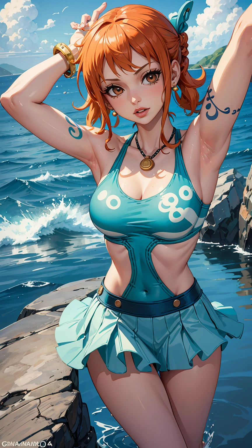 Pose: Opt for a confident yet playful pose, capturing the spirited and adventurous essence of Nami. Consider a stance that reflects her navigation skills and love for exploration.Body Appearance: Embrace a vibrant and lively physique, mirroring Nami's spirited personality with a touch of nautical flair.Clothing:Type: Nami-inspired attire, drawing from her signature outfits featuring skirts, tank tops, or dresses with a nautical touch.Style: Playful, vibrant, and reflective of Nami's adventurous spirit, incorporating blues, oranges, and nautical patterns.Texture: Utilize fabrics that convey a sense of comfort and freedom, such as cotton or lightweight materials suitable for a navigator.Details: Infuse elements like compass symbols, tangerine motifs, or nods to Nami's cartography tools to enhance the Nami-inspired look.Background: Set the model in a seascape or a tropical island setting, paying homage to Nami's love for navigation and the sea.Perspective View: Opt for a dynamic perspective to capture the dynamic and spirited essence of Nami's character.Makeup:Eyes: Playful and colorful eye makeup, possibly incorporating shades of blue or orange to complement the nautical theme.Lips: Vibrant lipstick shades, reflecting Nami's lively personality.Accessories: Nautical accessories such as a compass pendant, wristbands, or anklets, along with Nami's signature tangerine earrings.High Resolution Details: Pay attention to small details in clothing textures, facial features, and accessories to bring out the vibrant and Nami-inspired style in a high-resolution format.Chosen Facial Expressions:Confident Expression: Capture a confident and determined gaze, embodying Nami's strong-willed and capable nature.