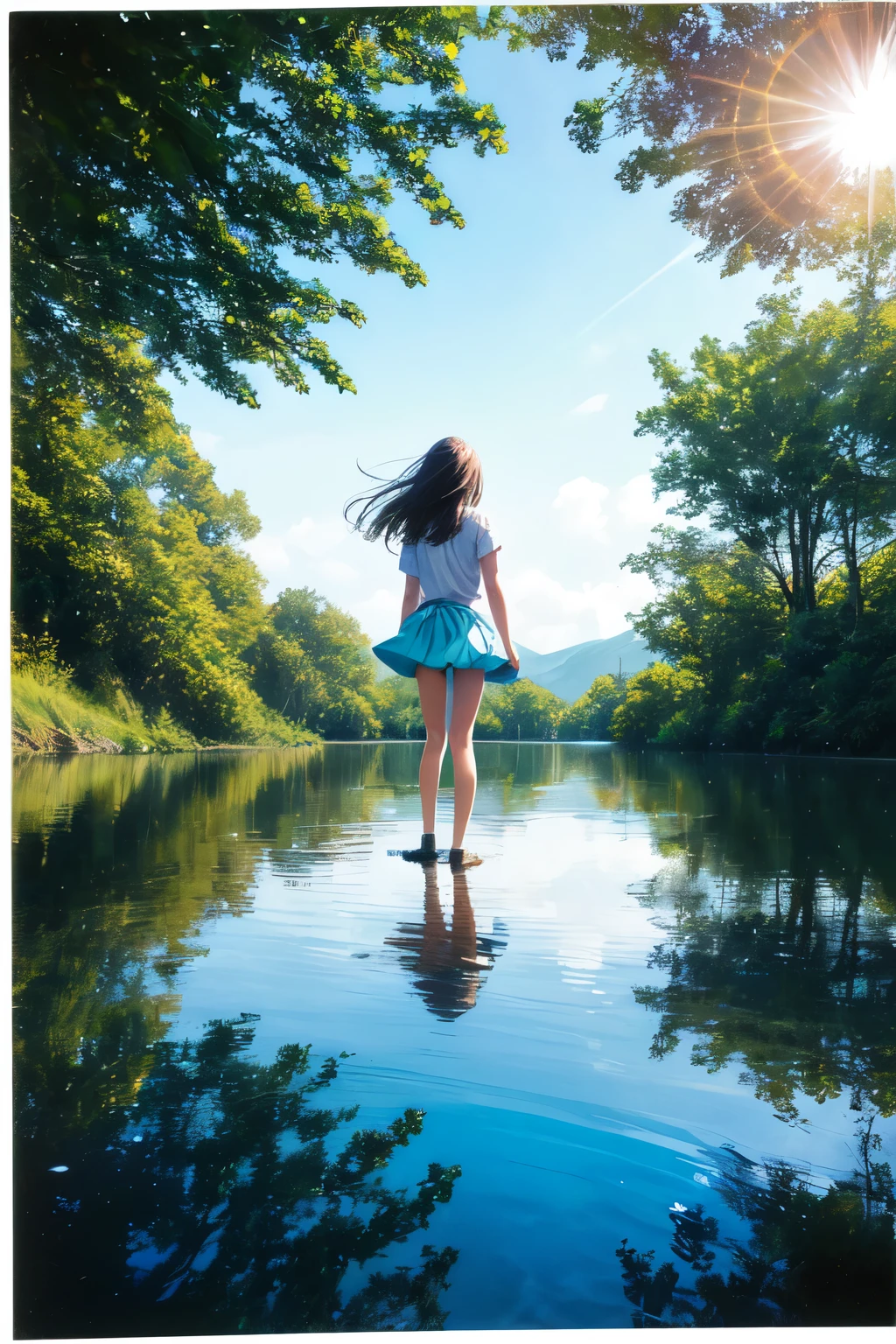 A girl, standing at the edge of a tranquil lake, her reflection mirrored perfectly on the still water. The photo is taken with a Polaroid camera, creating a lens flare that adds a touch of magic to the scene. The exposure is slightly overdone, making the colors more vivid and the whites more bright. The focus is soft, giving the image a dreamy quality. The edges of the photo are darkened, creating a vignette effect that draws attention to the center. The image has a low resolution, but it also has a lot of emotion and nostalgia.((Reflection on the surface of the water shows white panties in the skirt.))
