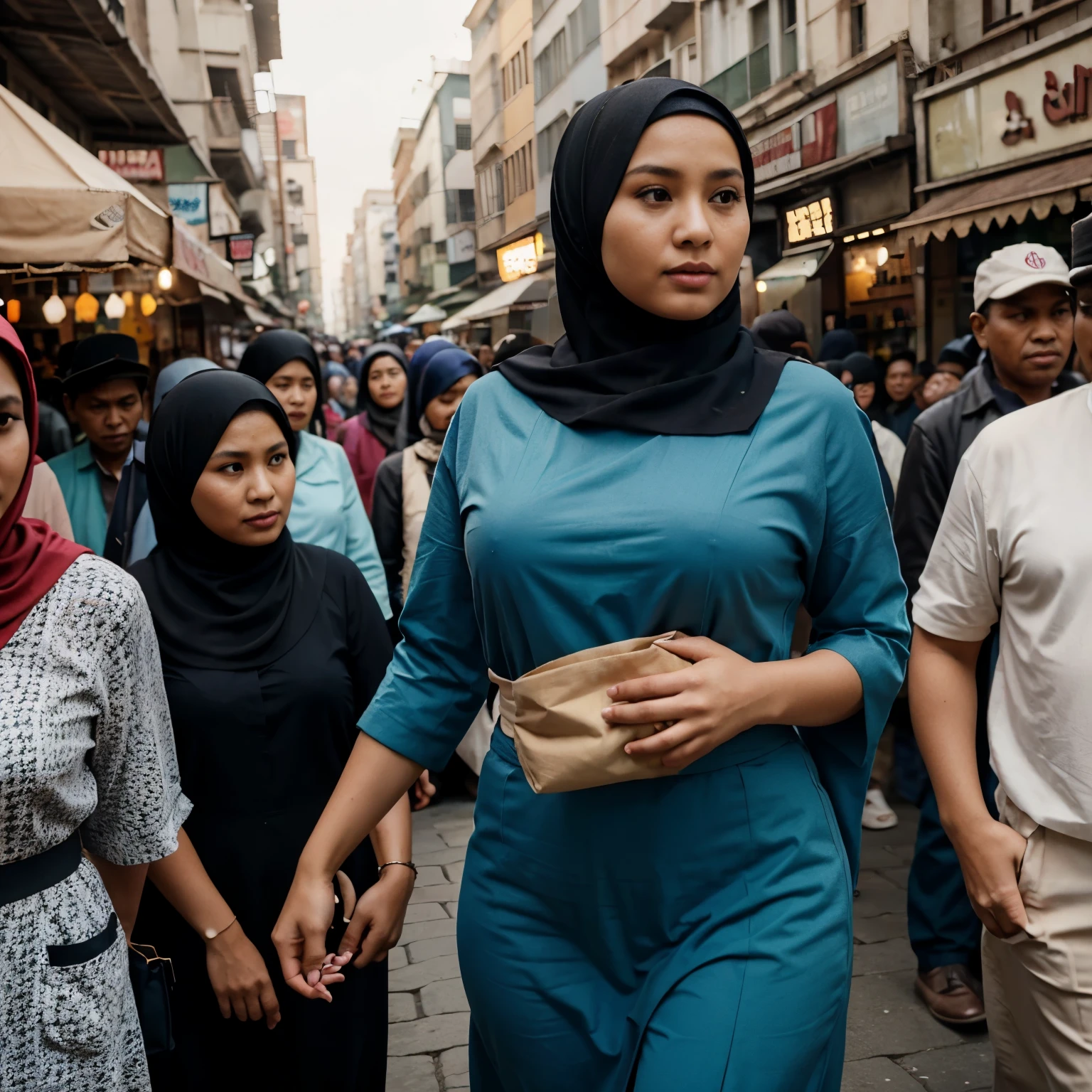 modern woman wearing a hijab in vintage style around the 1950s, Indonesia, slightly fat body, standing in the middle of a crowd, traditional market, carrying shopping bag,crowd background, only the woman is in color, realistic, very detailed, full HD