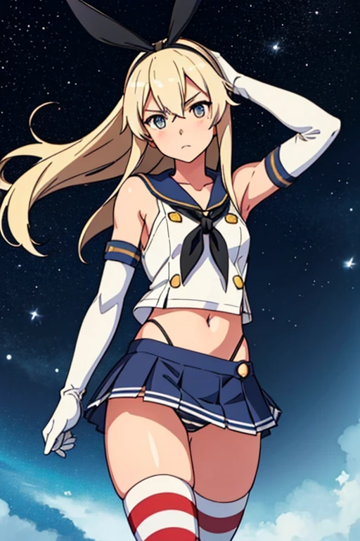 yper detailed, perfect anatomy, extremely detailed and delicate, 1 girl, Shimakaze (KanColle), bright eyes, clean skin, white sailor uniform, bear shoulders, white elbow gloves, blonde hair, long hair, striped thighhighs, sailor collar, navel out, highleg panties, black panties, blue skirt, microskirt, pleated skirt, night sky, stars, milkyway, hugging a black cat,