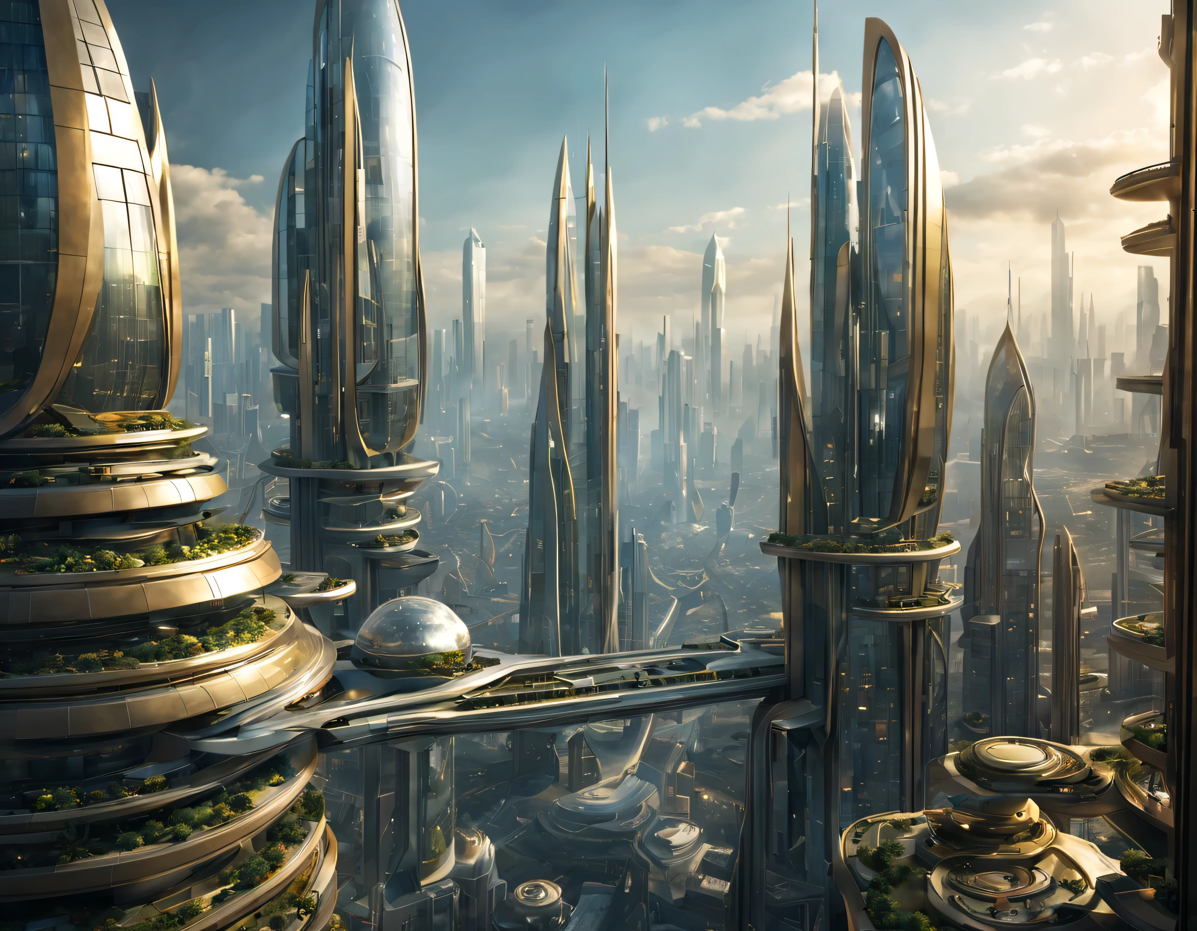 the city of megacity futuristic science fiction city as it would be in the year 3029, vista desde una terraza , with high-tech design , edificios de metal y cristal, autopistas cruzandolos, de una inmensidad impresionante, con el empleo de oro , plata y bronce en su construccion, realmente impresionante a la vista, imagen bien definida, fondo nitido bien defifido, con muchos edificios juntos. imagen nitida bien definida 8k. los edificios llegan alta el fondo.,8k. imagen cinematografica, renderizado 3d, ((obra maestra de superior calidad)).