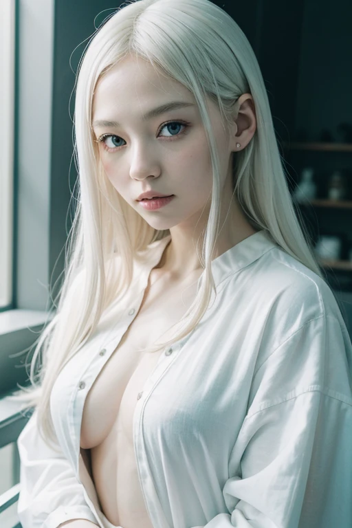 a beautiful albino woman、白い肌、白い髪、短い髪、だらしない笑顔、アイドル、30歳の女性、マスターピース、Best Quality, masuter piece, High resolution, albino girl、(((1girl in))),(((eyes are white:1.3)))、robe blanche、((White shirt:1.3、White Block Dress)), Tindall Effect, Realistic, Shadow Studio,Ultramarine Lighting, dual-tone lighting, (High Detail Skins: 1.2)、Pale colored lighting、Dark lighting、 Digital SLR, Photo, High resolution, 4K, 8K, Background blur,Fade out beautifully、a white world、White background