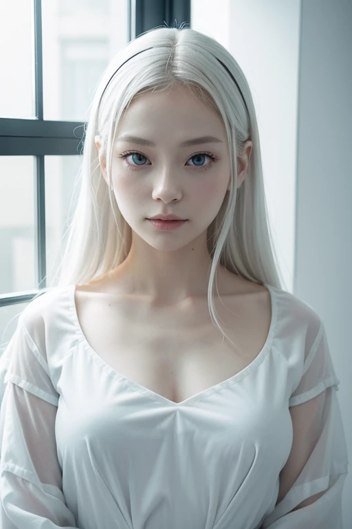 a beautiful albino woman、白い肌、白い髪、短い髪、だらしない笑顔、アイドル、30歳の女性、マスターピース、Best Quality, masuter piece, High resolution, albino girl、(((1girl in))),(((eyes are white:1.3)))、robe blanche、((White shirt:1.3、White Block Dress)), Tindall Effect, Realistic, Shadow Studio,Ultramarine Lighting, dual-tone lighting, (High Detail Skins: 1.2)、Pale colored lighting、Dark lighting、 Digital SLR, Photo, High resolution, 4K, 8K, Background blur,Fade out beautifully、a white world、White background