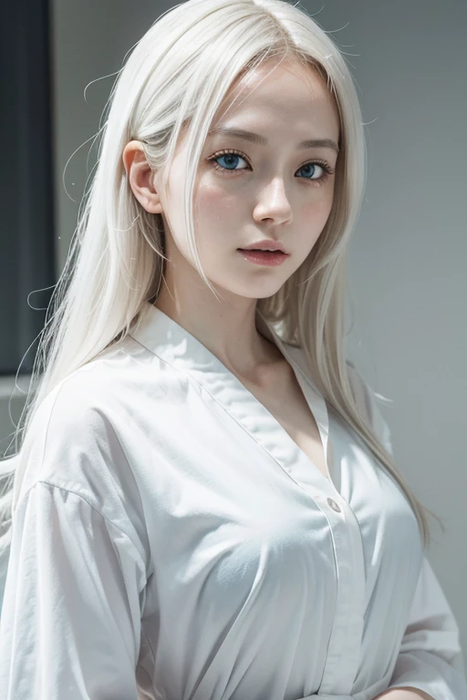 a beautiful albino woman、白い肌、白い髪、短い髪、だらしない笑顔、アイドル、30歳の女性、マスターピース、Best Quality, masuter piece, High resolution, albino girl、(((1girl in))),(((eyes are white:1.3)))、robe blanche、((White shirt:1.3、White Block Dress)), Tindall Effect, Realistic, Shadow Studio,Ultramarine Lighting, dual-tone lighting, (High Detail Skins: 1.2)、Pale colored lighting、Dark lighting、 Digital SLR, Photo, High resolution, 4K, 8K, Background blur,Fade out beautifully、a white world、White background