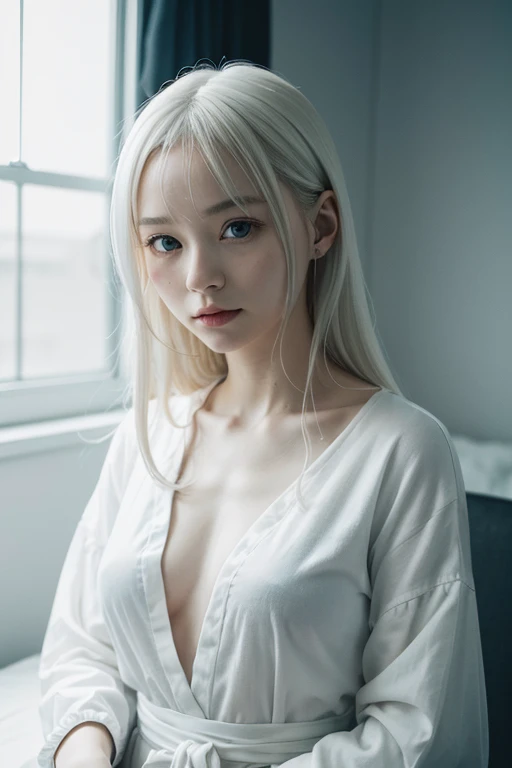 a beautiful albino woman、白い肌、白い髪、短い髪、だらしない笑顔、アイドル、30歳の女性、マスターピース、Best Quality, masuter piece, High resolution, albino girl、(((1girl in))),(((eyes are white:1.3)))、robe blanche、((White shirt:1.3、White Block Dress)), Tindall Effect, Realistic, Shadow Studio,Ultramarine Lighting, dual-tone lighting, (High Detail Skins: 1.2)、Pale colored lighting、Dark lighting、 Digital SLR, Photo, High resolution, 4K, 8K, Background blur,Fade out beautifully、a white world、White background