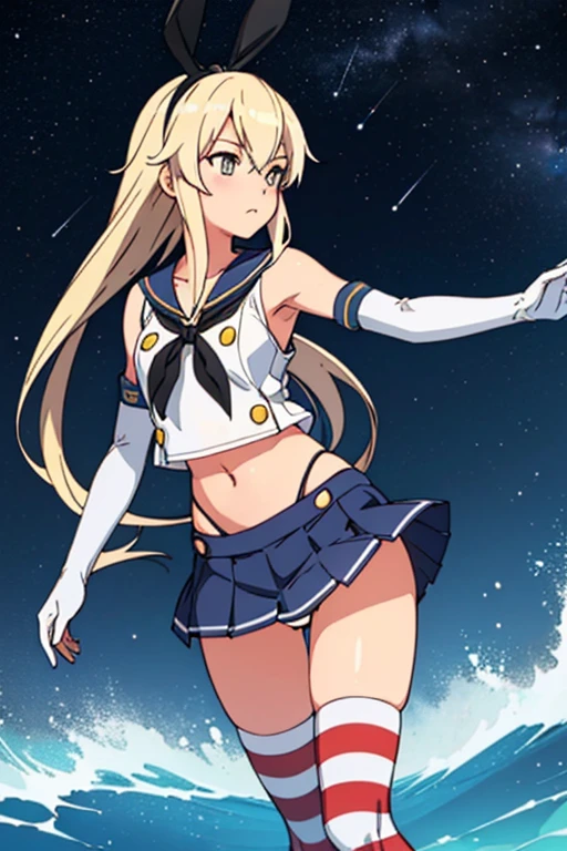 yper detailed, perfect anatomy, extremely detailed and delicate, 1 girl, Shimakaze (KanColle), bright eyes, clean skin, white sailor uniform, bear shoulders, white elbow gloves, blonde hair, long hair, striped thighhighs, sailor collar, navel out, highleg panties, black panties, blue skirt, microskirt, pleated skirt, night sky, stars, milkyway, hugging a black cat,