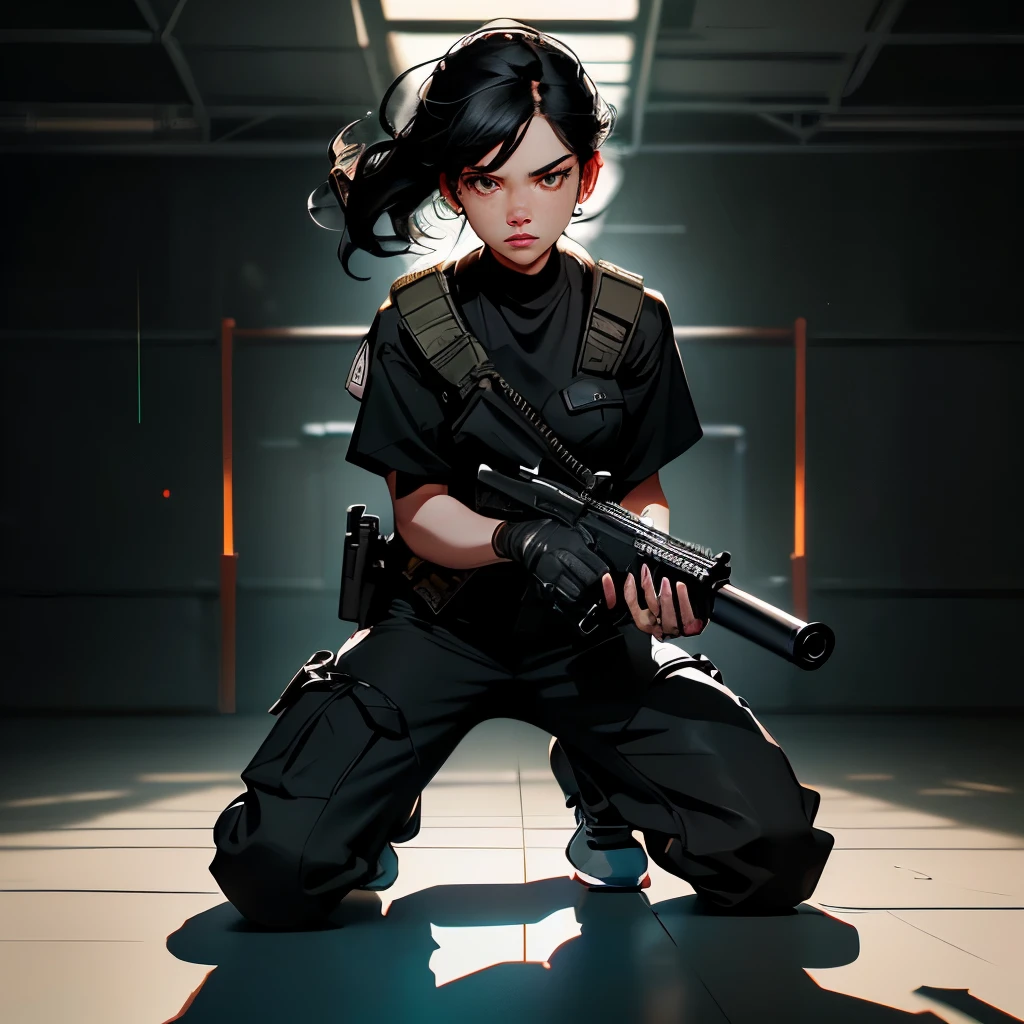 ((best quality)), ((masterpiece)), (detailed), perfect face, A fierce (female agent )1.2 in a kneeling position, wearing (black cargo pants)1.4, (black shirt)1.2, (obscured face)1.3, analog style nofilter selfie, posing in an (indoor training area)1.2, (backlit)1.2, (film grain)1.2, cinematic movie still frame, black sneakers with white soles, various equipment in the background, insane detailed eyes, she holding a gun,