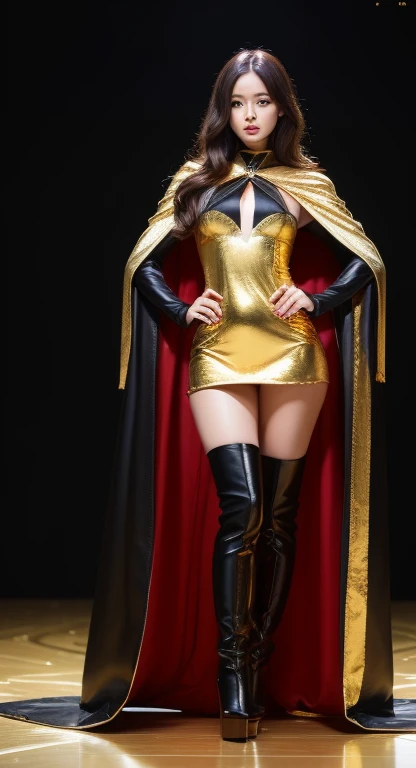 japanese beauty,super long straight hair,be realistic,Whight blouse and black lesther mini skirt,A gold ultra long satin cloak that wraps around the body,cape,Spreading cloak,cape,gold thigh-high boots with stiletto heel, Are standing,frontage,full body image