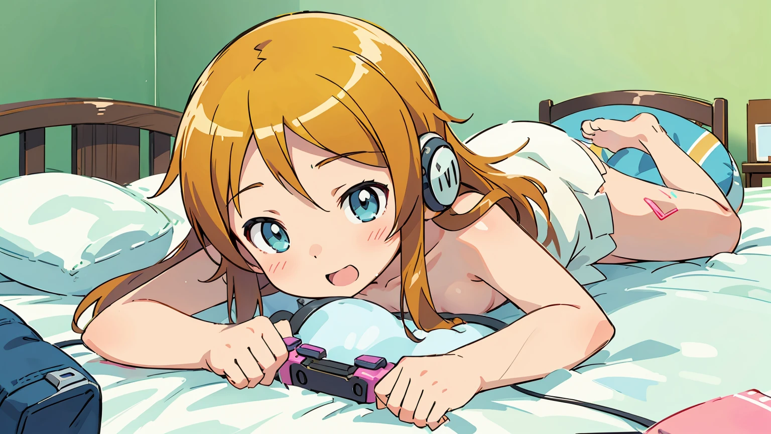 Kousaka Kirino, oreimo, best quality, realistic, digital illustration, nude, naked, medium breast, medium tits, on bed, beautiful, pretty, gamer girl, orange long hair, focused look, headphones, gaming controller, colorful background, playing games, happy