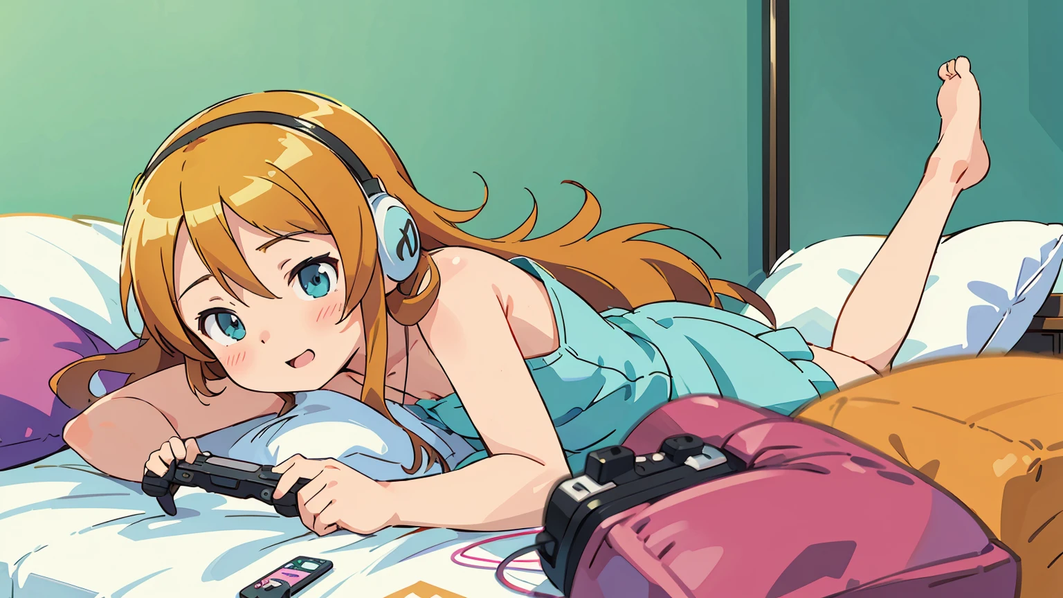 Kousaka Kirino, oreimo, best quality, realistic, digital illustration, nude, naked, medium breast, medium tits, on bed, beautiful, pretty, gamer girl, orange long hair, focused look, headphones, gaming controller, colorful background, playing games, happy