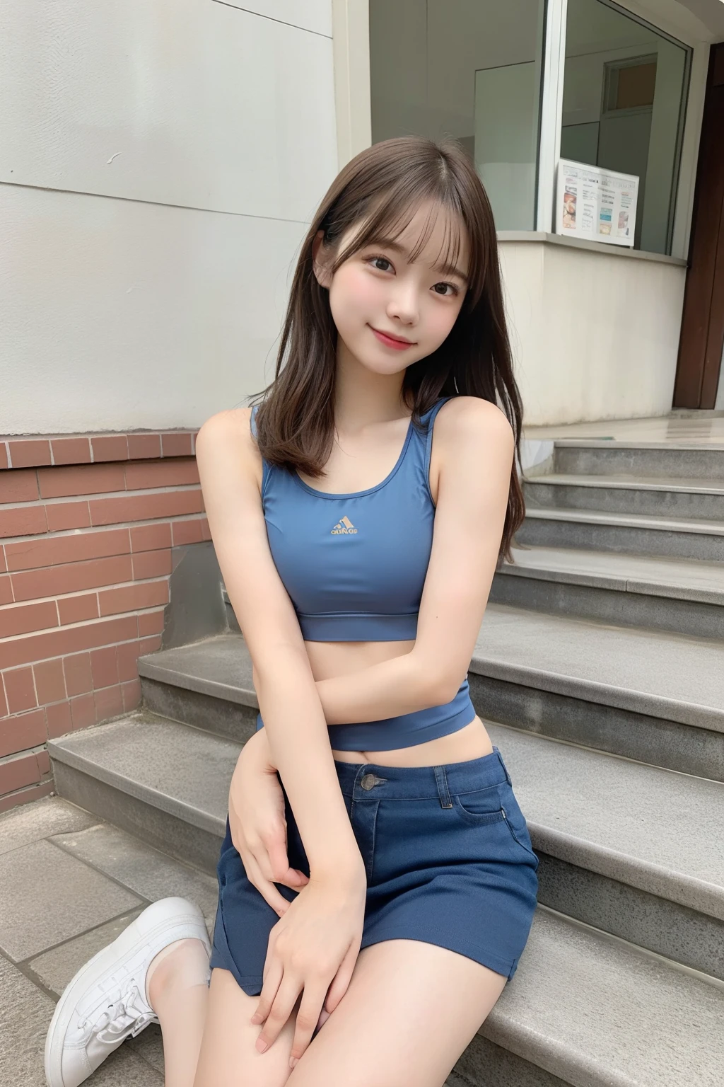 1 girl、Athletics、sports bra、shorts、Sit on the school steps、spread legs、（open the thighs）、own hugging feet, small breasts、（small breasts）、 (best quality: 1.1)、(highly detailed skin), (ultra high resolution:1.0) ,(realistic photo:1.0), (Super detailed:1.0), (8K, Raw photo:1.1)