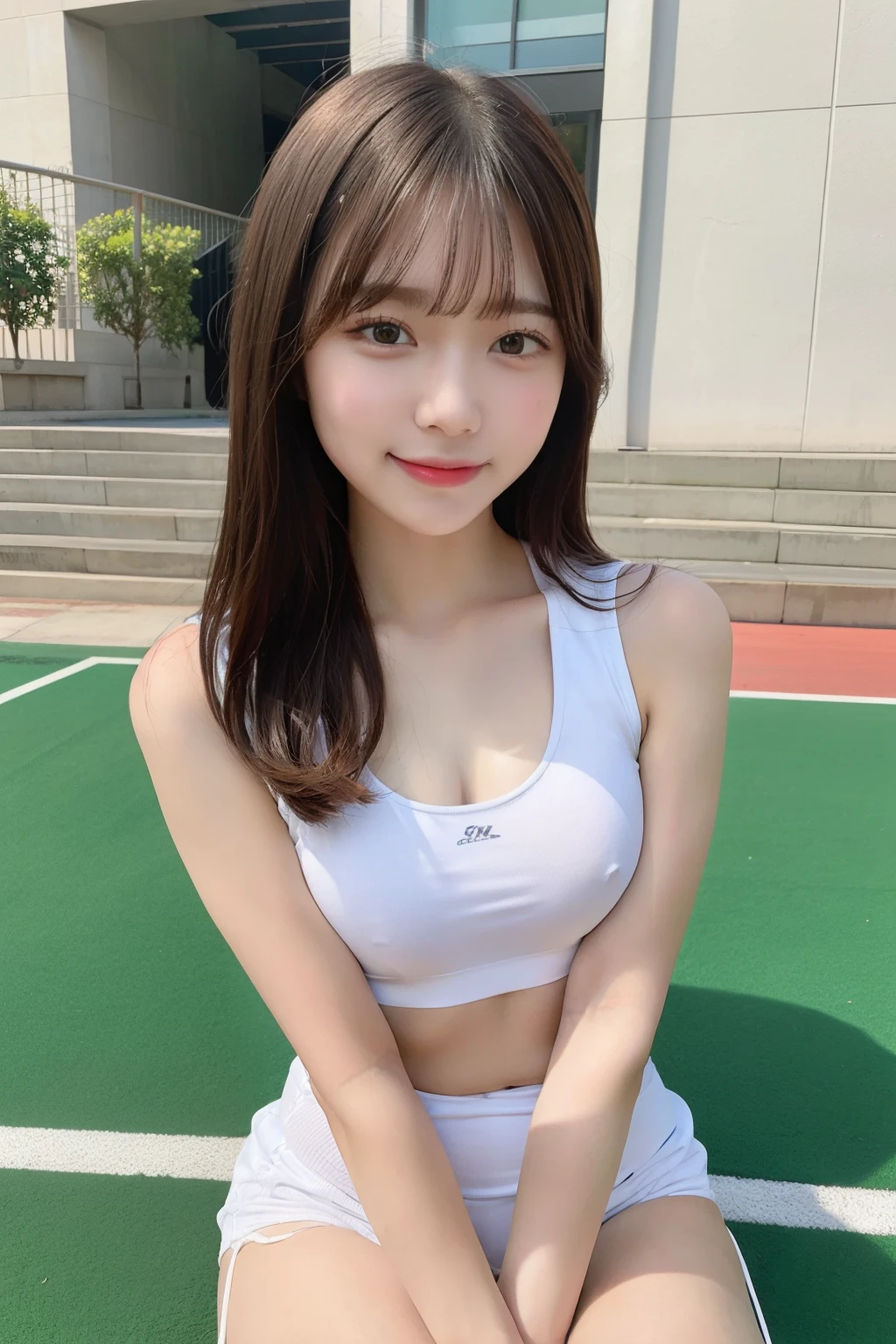 1 girl、Athletics、sports bra、shorts、Sit on the school steps、spread legs、(open the thighs)、own hugging feet, small breasts、(small breasts)、 (best quality: 1.1)、(highly detailed skin), (ultra high resolution:1.0) ,(realistic photo:1.0), (Super detailed:1.0), (8K, Raw photo:1.1)