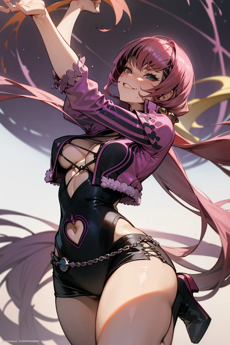 woman, Complex design, 3Dmodel, sexy shermie, High resolution, masterpiece, Model clothing, smile, Callehon, graffiti, detailed design, Shermy the King of Fighters, (glendess :1.7), fight stadium, hair covers eyes, wide thighs, curve, dynamic pose, only two arms, well designed body,