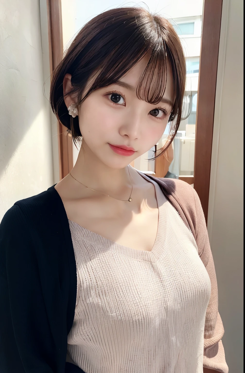 A beautiful woman with a gentle and charming Japanese spirit, half body photo, delicate and sexy clavicle, Attractive plump face, double eyelid, smart droopy eyes, pink lips, small upturned nose, small breasts, bare shoulders, concentrated face, close up of face, ultra high resolution, Highly detailed and elegant applique cotton jersey sweatshirt made of cotton jersey。, Features a relaxed and relaxed silhouette.